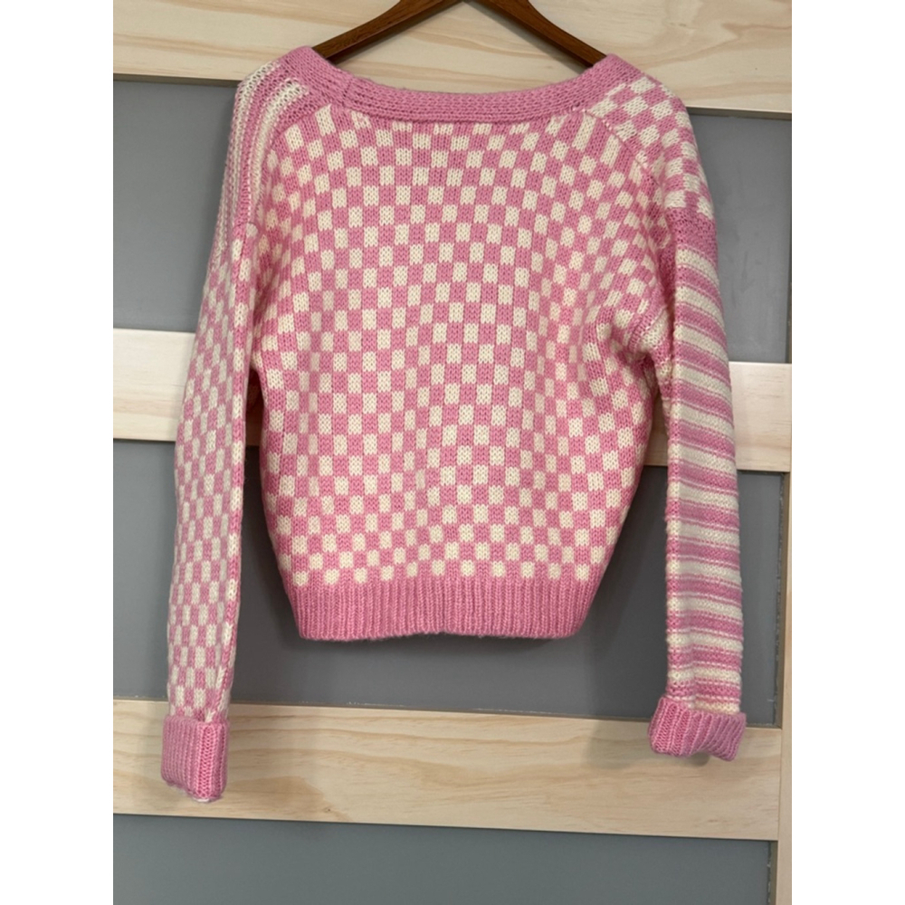 Altar’d State Pink Ivory Checkerboard Stripe Cropped Cardigan Sweater NWT Sz M $ - Picture 2 of 5